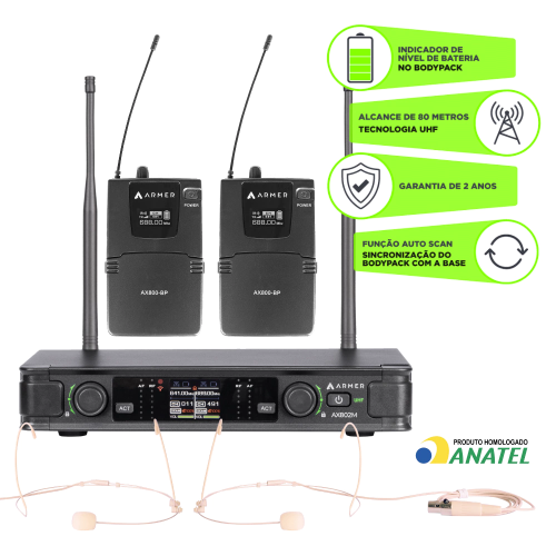 Microfone sem Fio Profissional Headset Duplo Armer AX802M HH
